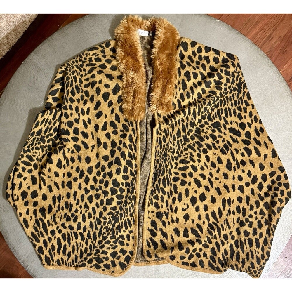 Jon & Anna NY Leopard Print Knit Poncho Cape Faux Fur Collar One Size OS Wrap